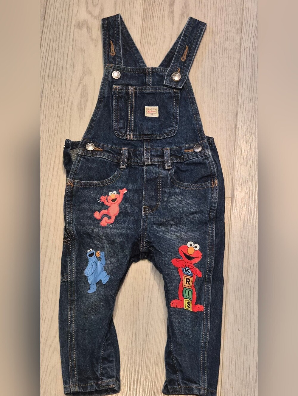 Old Navy Dark Blue Denim Overalls with Elmo & Cookie Monster Patches